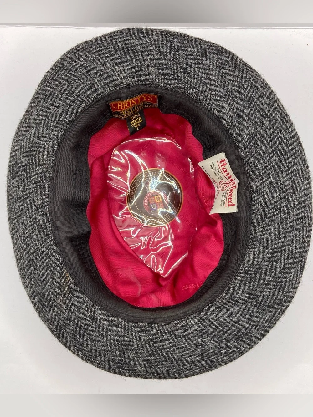 Christys’ London Harris Tweed Wool Fedora Hat Gray Herringbone Size L